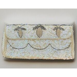 VTG La Regale Beaded Sequin Evening Clutch Purse Ivory Gold Japan 8.5x4.5